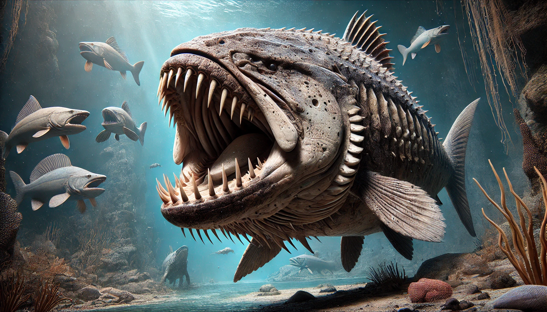 古代の海を泳ぐ装甲魚ダンクルオステウスのイラスト