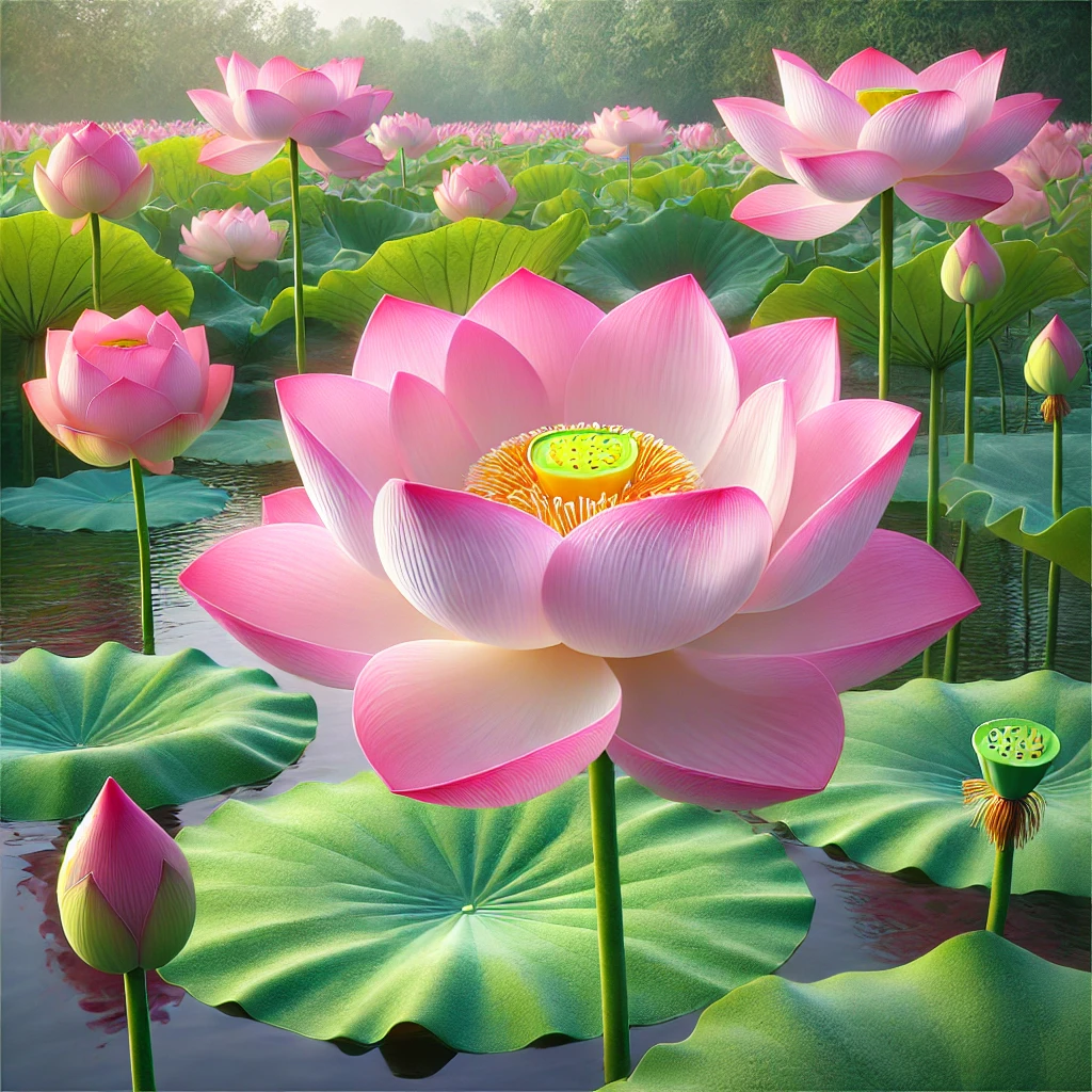 満開のハスの花。淡いピンクの花びらと鮮やかな黄色の中心が特徴的なイラスト